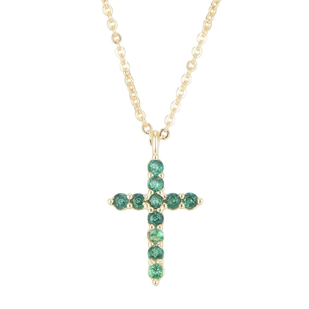 RIZILIA Not-Your-Basic Minimalist Cross Necklace for Petite Women - 14K Gold Plated Dainty Faith Birthstone Pendant - Round Cut CZ in Multi Colors, 18" Chain 0.625" Charm, Gift Boxed