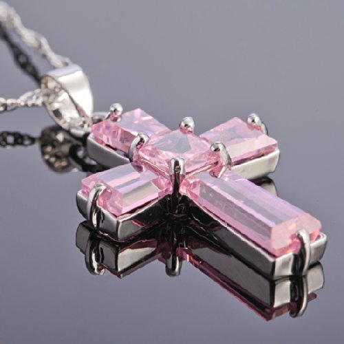 RIZILIA Cross Pendant with 18" Chain & Trapezoid Square Cut CZ [7 Colors available] in White Gold Plated, Simple Modern Elegant