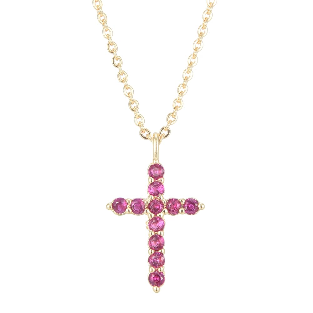 RIZILIA Not-Your-Basic Minimalist Cross Necklace for Petite Women - 14K Gold Plated Dainty Faith Birthstone Pendant - Round Cut CZ in Multi Colors, 18" Chain 0.625" Charm, Gift Boxed