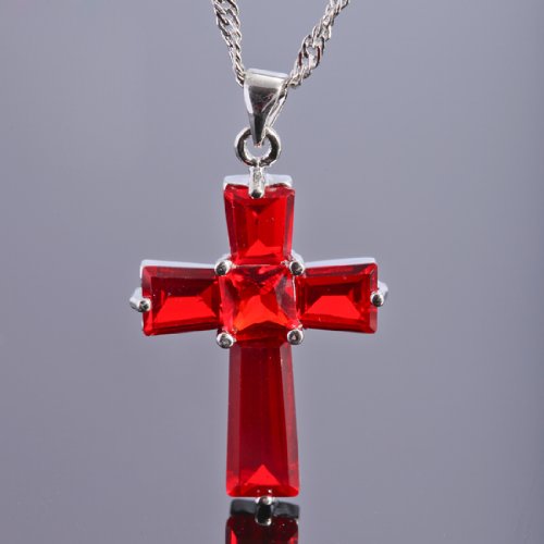 RIZILIA Cross Pendant with 18" Chain & Trapezoid Square Cut CZ [7 Colors available] in White Gold Plated, Simple Modern Elegant