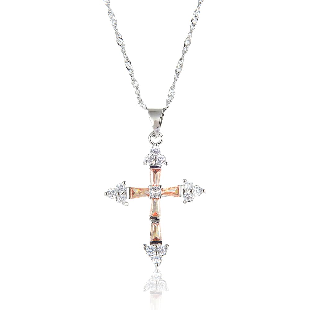 RIZILIA Cross Pendant with 18" Chain & Trapezoid Round Cut CZ [Multi-color] in White Gold Plated, Simple Modern Elegant