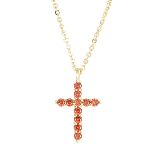 RIZILIA Not-Your-Basic Minimalist Cross Necklace for Petite Women - 14K Gold Plated Dainty Faith Birthstone Pendant - Round Cut CZ in Multi Colors, 18" Chain 0.625" Charm, Gift Boxed