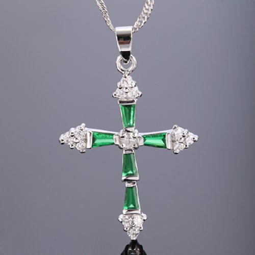 RIZILIA Cross Pendant with 18" Chain & Trapezoid Round Cut CZ [Multi-color] in White Gold Plated, Simple Modern Elegant