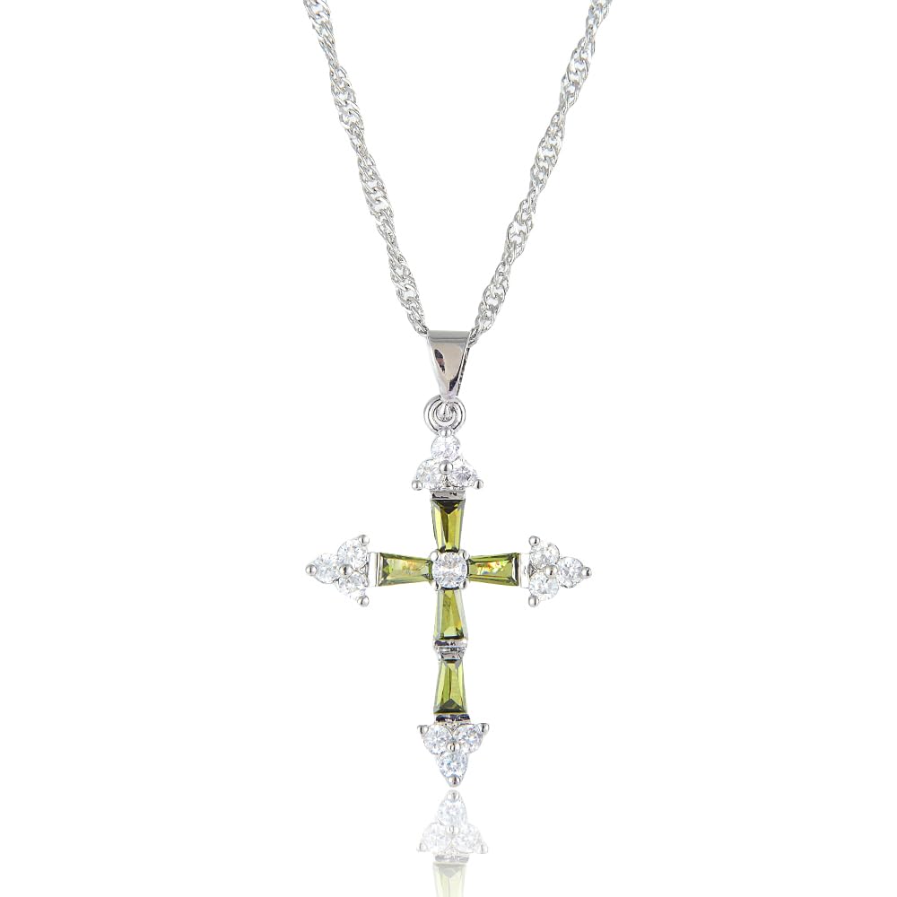 RIZILIA Cross Pendant with 18" Chain & Trapezoid Round Cut CZ [Multi-color] in White Gold Plated, Simple Modern Elegant