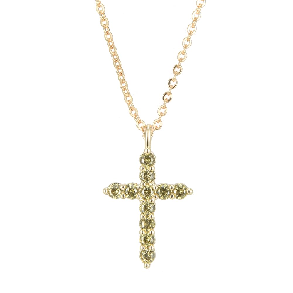 RIZILIA Not-Your-Basic Minimalist Cross Necklace for Petite Women - 14K Gold Plated Dainty Faith Birthstone Pendant - Round Cut CZ in Multi Colors, 18" Chain 0.625" Charm, Gift Boxed