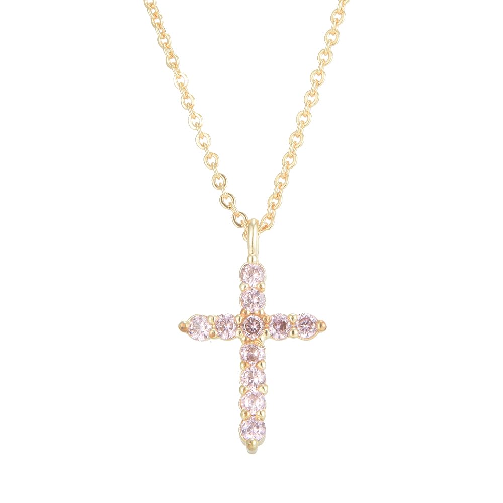 RIZILIA Not-Your-Basic Minimalist Cross Necklace for Petite Women - 14K Gold Plated Dainty Faith Birthstone Pendant - Round Cut CZ in Multi Colors, 18" Chain 0.625" Charm, Gift Boxed