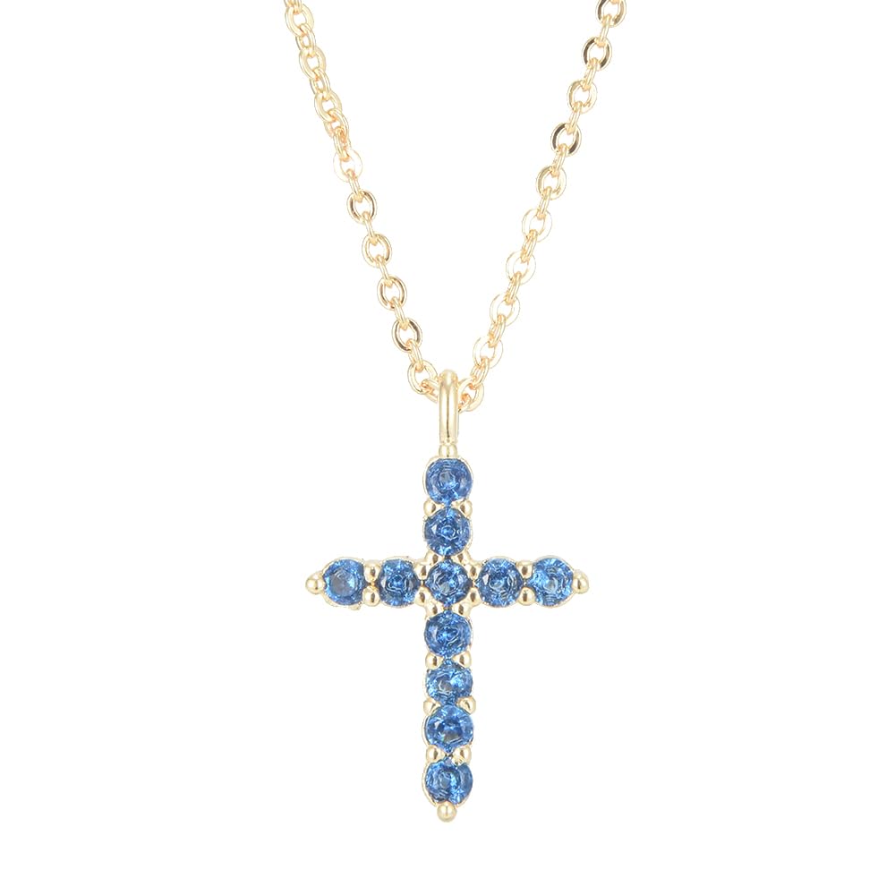 RIZILIA Not-Your-Basic Minimalist Cross Necklace for Petite Women - 14K Gold Plated Dainty Faith Birthstone Pendant - Round Cut CZ in Multi Colors, 18" Chain 0.625" Charm, Gift Boxed