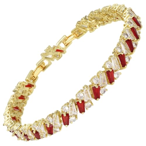 RIZILIA Prism Tennis Bracelet for Women with Tapered Baguette Cut CZ Simulated Diamond Multi Colors Birthstone in 14K Yellow Gold Plated, 7 + 1 inch Bracelet Extender