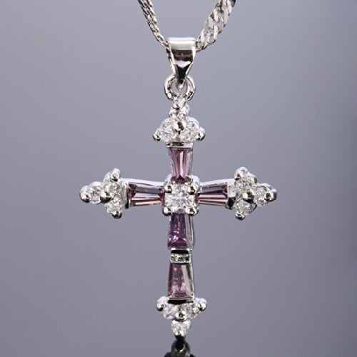 RIZILIA Cross Pendant with 18" Chain & Trapezoid Round Cut CZ [Multi-color] in White Gold Plated, Simple Modern Elegant