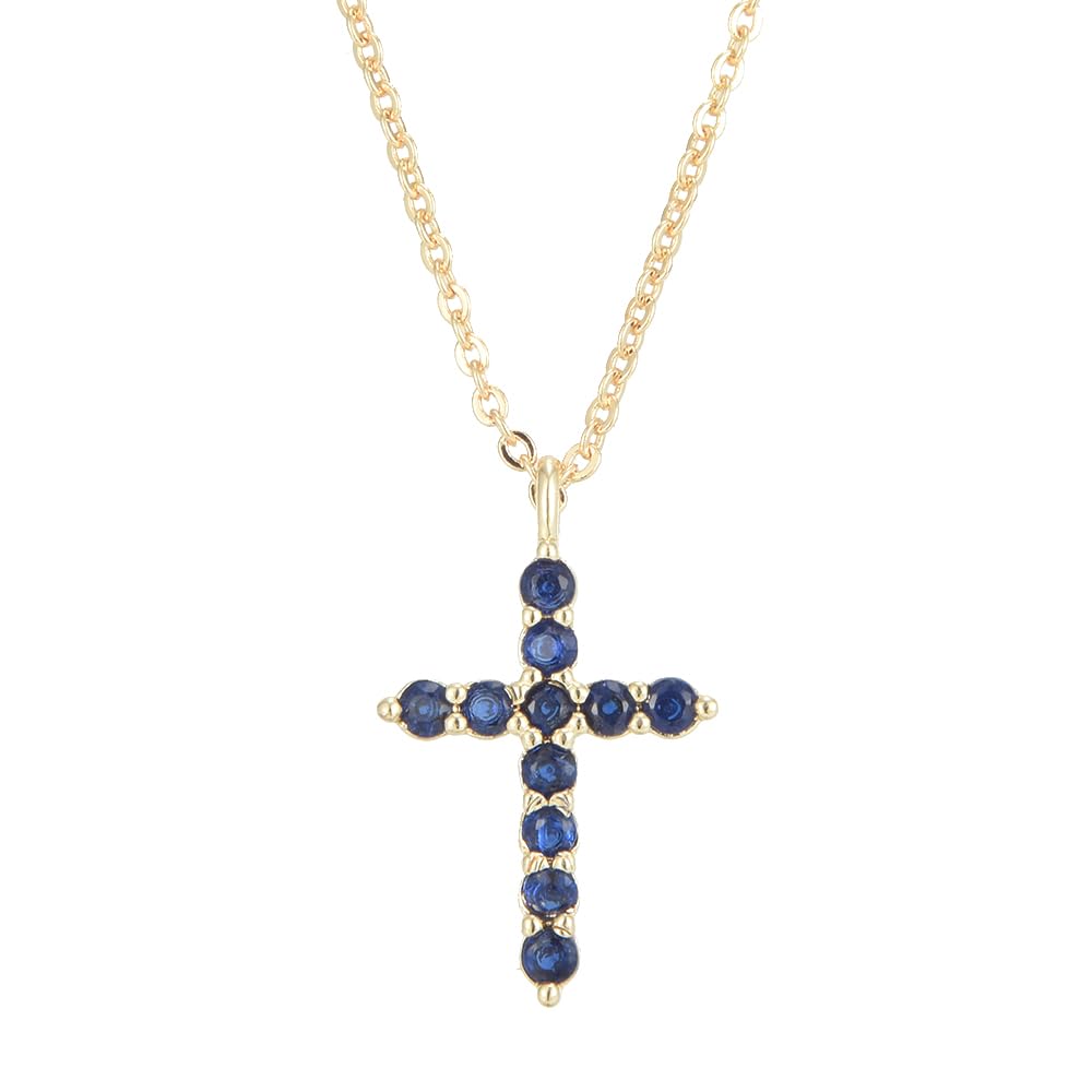 RIZILIA Not-Your-Basic Minimalist Cross Necklace for Petite Women - 14K Gold Plated Dainty Faith Birthstone Pendant - Round Cut CZ in Multi Colors, 18" Chain 0.625" Charm, Gift Boxed