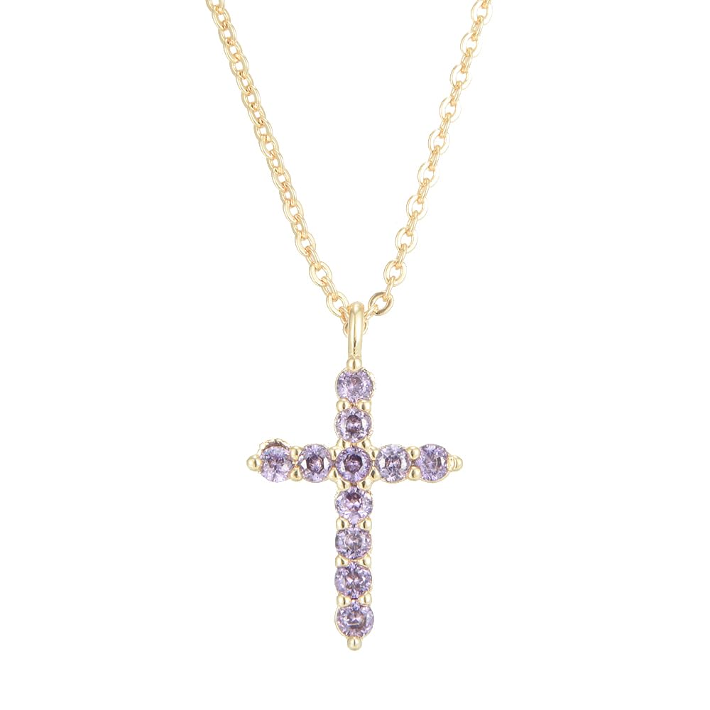 RIZILIA Not-Your-Basic Minimalist Cross Necklace for Petite Women - 14K Gold Plated Dainty Faith Birthstone Pendant - Round Cut CZ in Multi Colors, 18" Chain 0.625" Charm, Gift Boxed