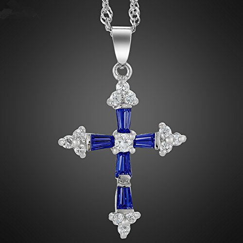 RIZILIA Cross Pendant with 18" Chain & Trapezoid Round Cut CZ [Multi-color] in White Gold Plated, Simple Modern Elegant