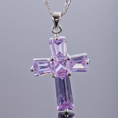 RIZILIA Cross Pendant with 18" Chain & Trapezoid Square Cut CZ [7 Colors available] in White Gold Plated, Simple Modern Elegant