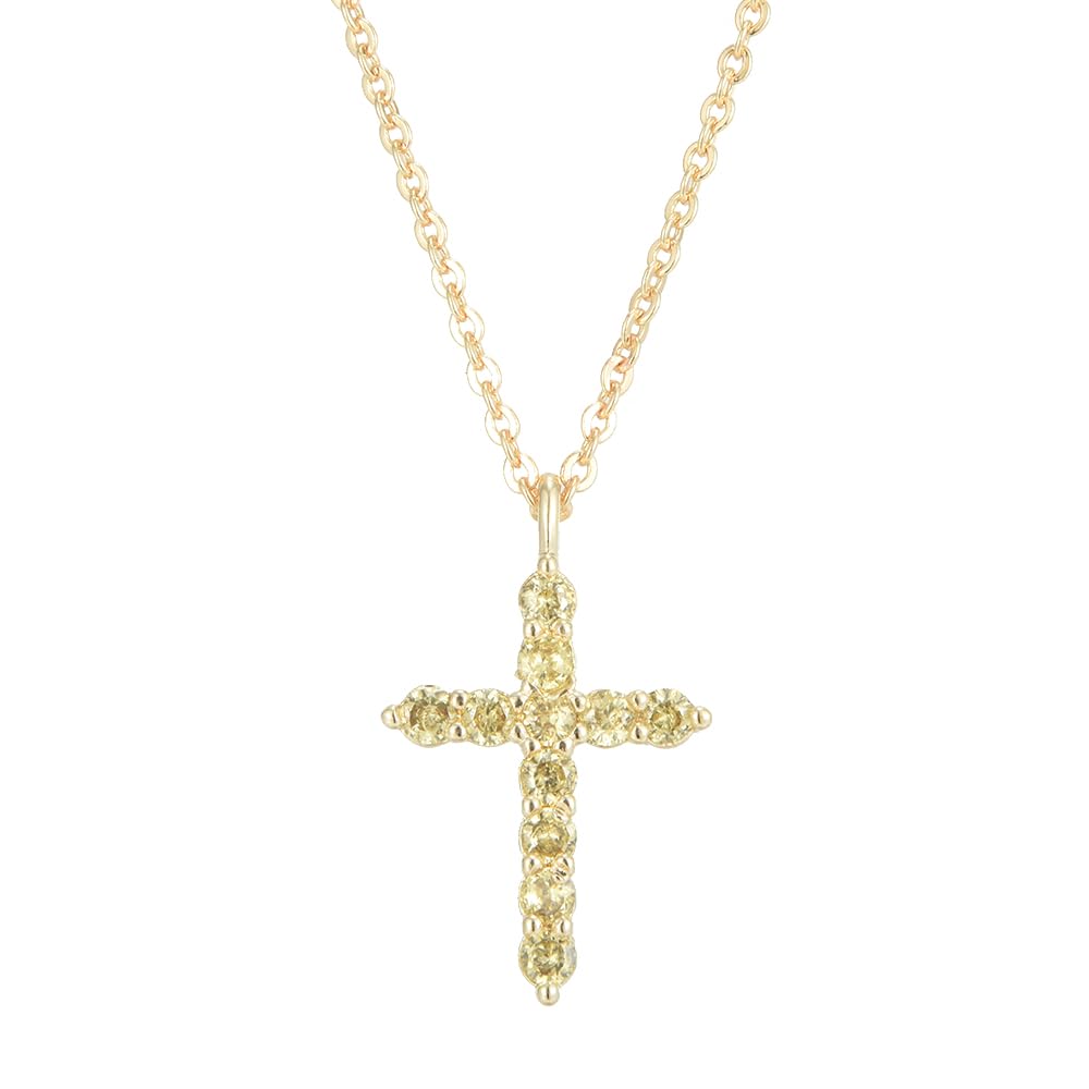 RIZILIA Not-Your-Basic Minimalist Cross Necklace for Petite Women - 14K Gold Plated Dainty Faith Birthstone Pendant - Round Cut CZ in Multi Colors, 18" Chain 0.625" Charm, Gift Boxed