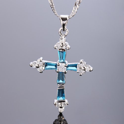 RIZILIA Cross Pendant with 18" Chain & Trapezoid Round Cut CZ [Multi-color] in White Gold Plated, Simple Modern Elegant