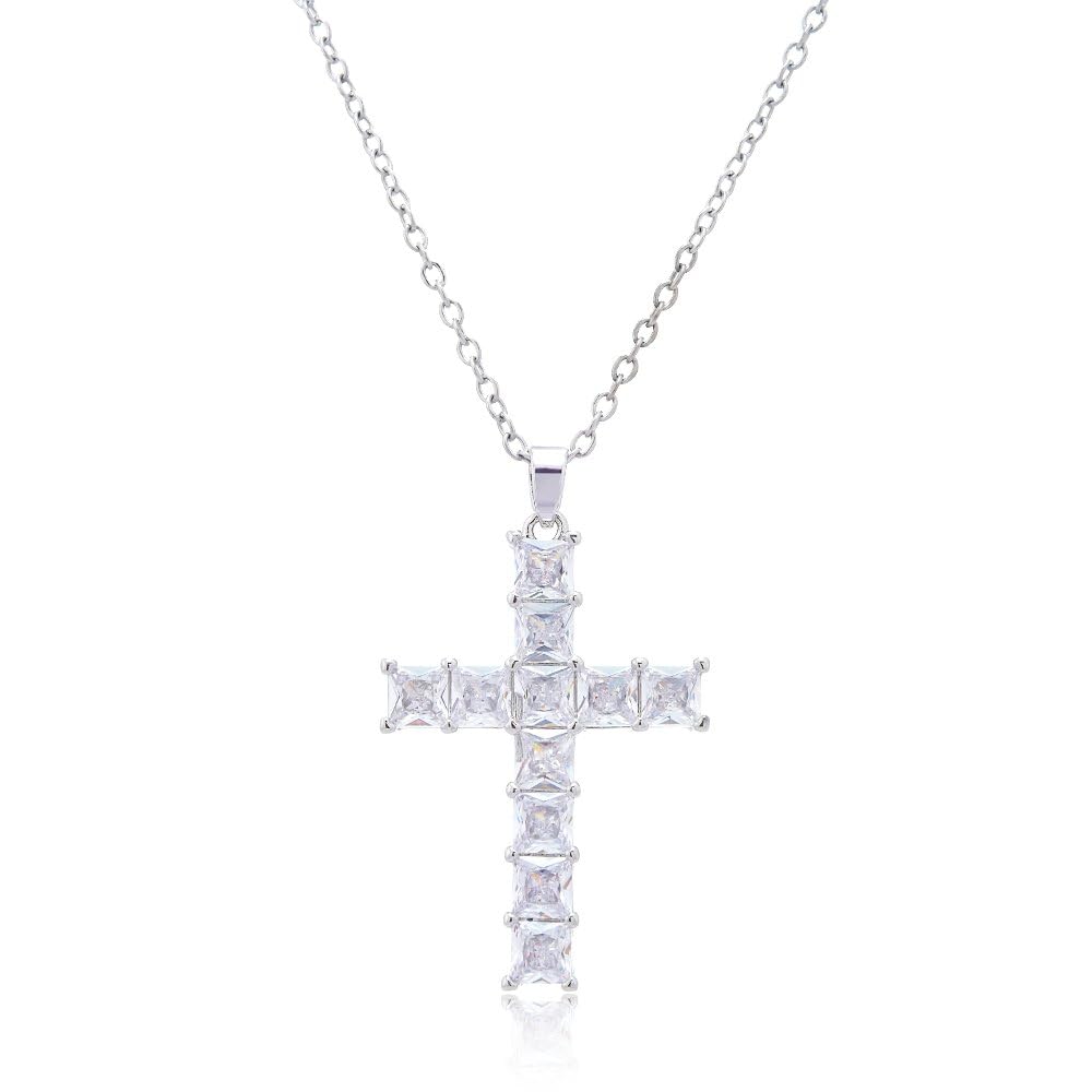 RIZILIA 18K Yellow Gold Plated Women's Cross Necklace, Princess Cut CZ [Simulated Pink Sapphire] Cross Pendant Necklace for Women, Trendy Jewelry Gift for Women