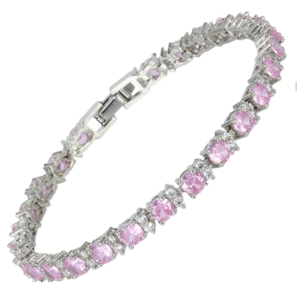 RIZILIA Round Multi-Color CZ Birthstone White Gold Plated Tennis Bracelet, 7"