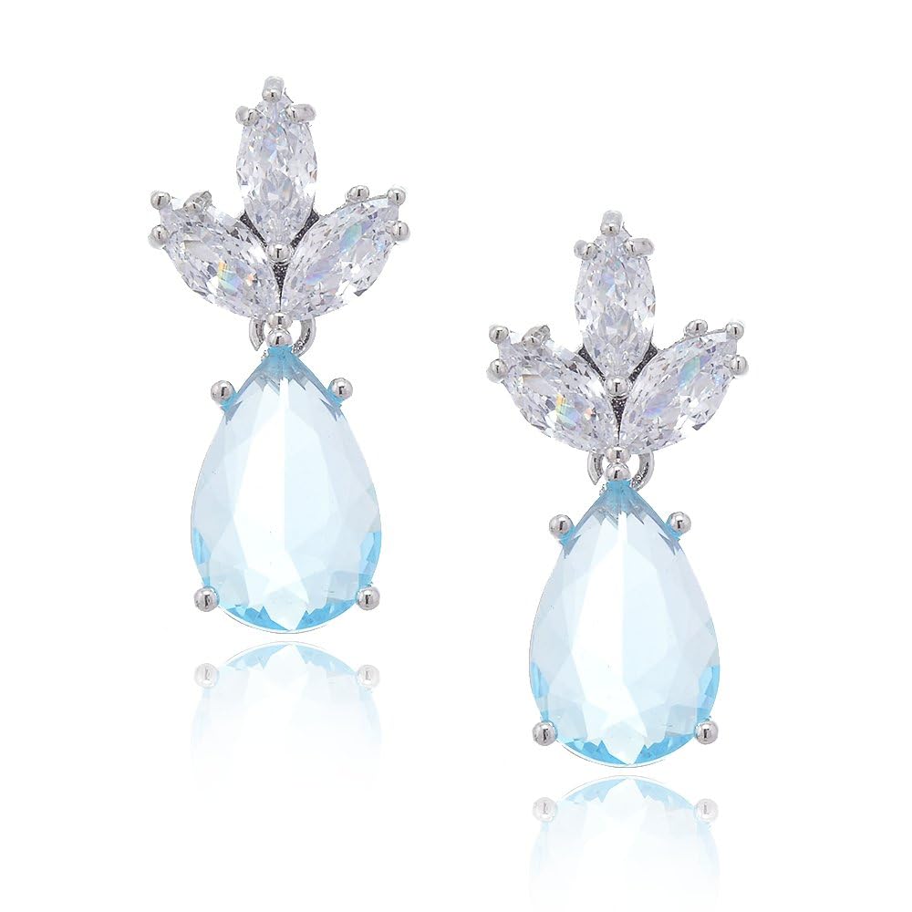 RIZILIA BLOSSOM 18K White Gold Plated Flower Earrings for Women, Pear Cut CZ [Multi Colors Available] Floral Dangle Earrings, Trendy Jewelry Gift for Women