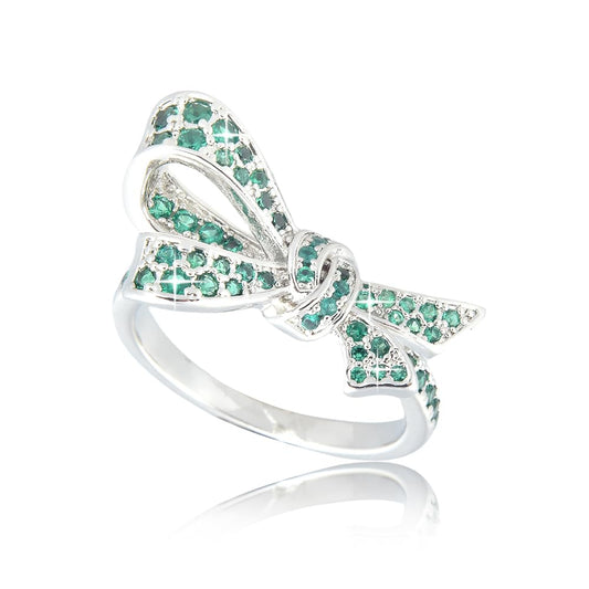 RIZILIA Classic Bow Design Cubic Zirconia Ring in 18K White Gold Plated, Multiple Colors Available, Elegant Jewelry Gift for Women