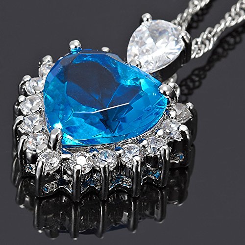 RIZILIA Ocean Heart Necklace for Women, Heart Cut Multi-Color Birthstone CZ Pendant in 18K White Gold Plated, 18 + 2 Inch Extension Chain, Modern Elegant Design Gift Idea for Women