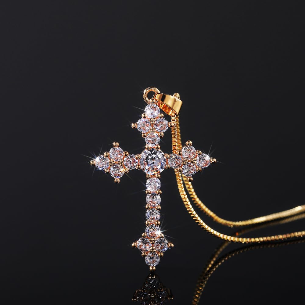 RIZILIA 18K Yellow Gold Plated Women's Cross Necklace, Round Cut CZ [Multiple Colors Available] Cross Pendant Necklace for Women, Trendy Jewelry Gift for Women