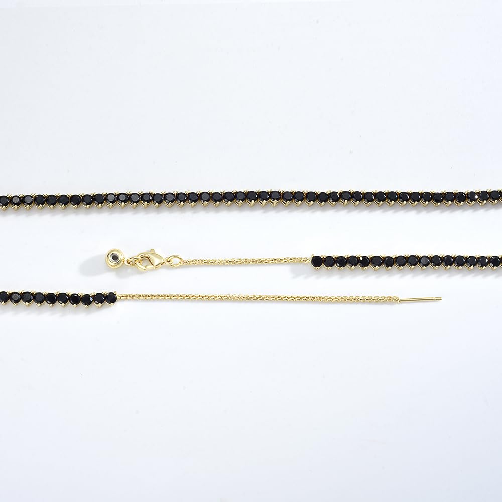 RIZILIA Not-Your-Basic 3mm No-Flip Tennis Necklace for Women - Round Brilliant Cut Gemstone CZ in Black Pink White, 14K Gold Plated, Adjustable 14-18 Inch (Choker, Collar, Princess), Gift Boxed
