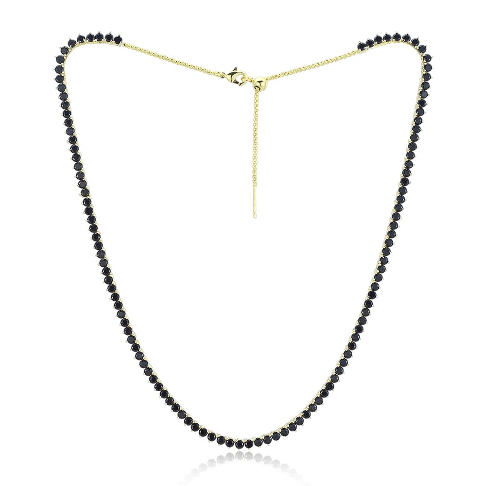 RIZILIA Not-Your-Basic 3mm No-Flip Tennis Necklace for Women - Round Brilliant Cut Gemstone CZ in Black Pink White, 14K Gold Plated, Adjustable 14-18 Inch (Choker, Collar, Princess), Gift Boxed