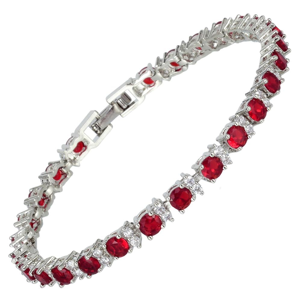 RIZILIA Round Multi-Color CZ Birthstone White Gold Plated Tennis Bracelet, 7"