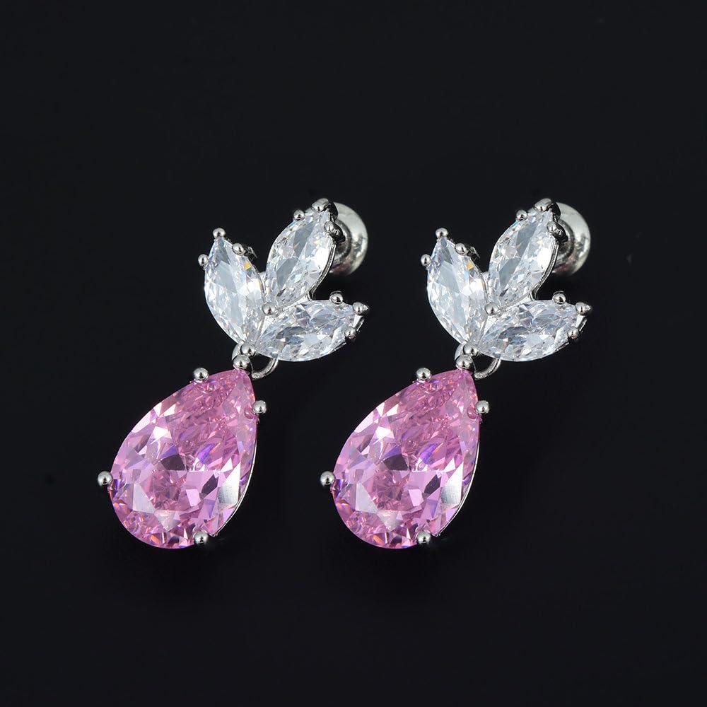 RIZILIA BLOSSOM 18K White Gold Plated Flower Earrings for Women, Pear Cut CZ [Multi Colors Available] Floral Dangle Earrings, Trendy Jewelry Gift for Women