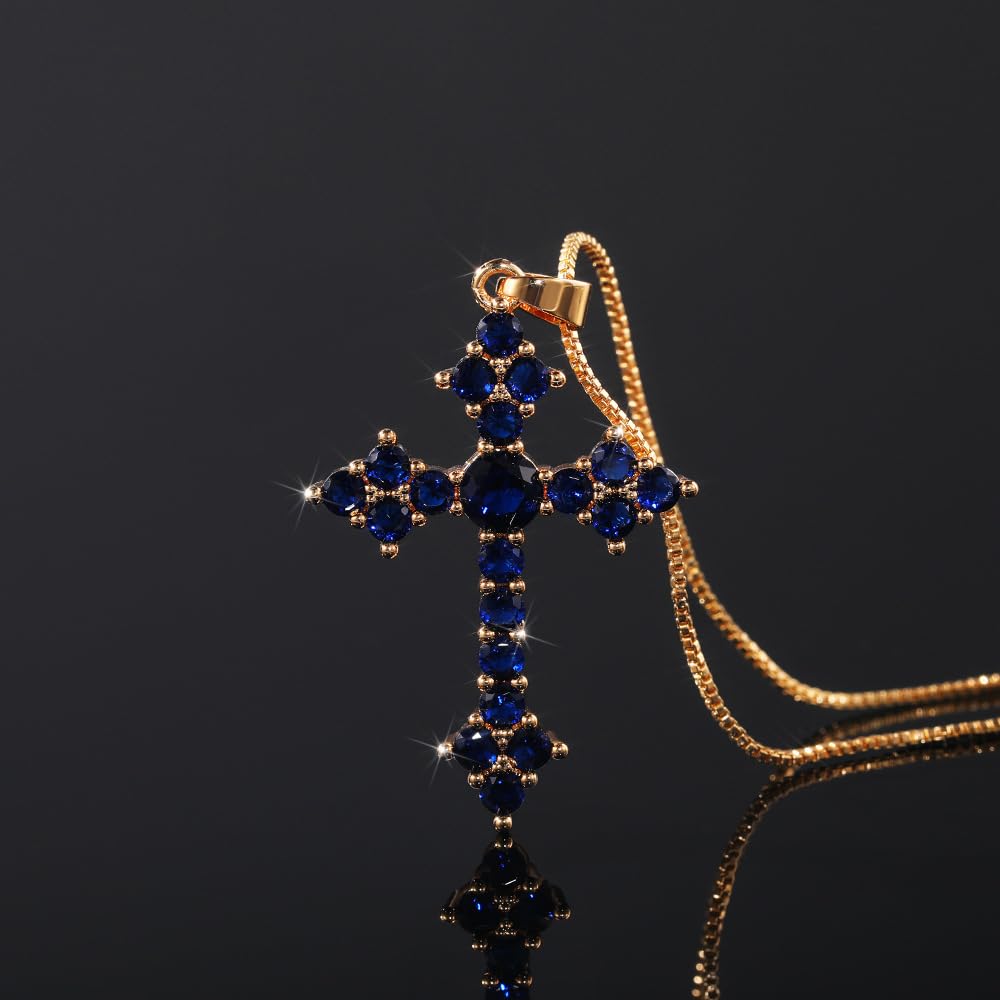RIZILIA 18K Yellow Gold Plated Women's Cross Necklace, Round Cut CZ [Multiple Colors Available] Cross Pendant Necklace for Women, Trendy Jewelry Gift for Women