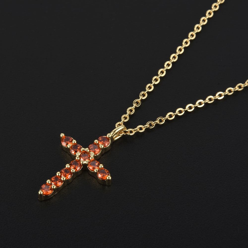 RIZILIA Not-Your-Basic Minimalist Cross Necklace for Petite Women - 14K Gold Plated Dainty Faith Birthstone Pendant - Round Cut CZ in Multi Colors, 18" Chain 0.625" Charm, Gift Boxed
