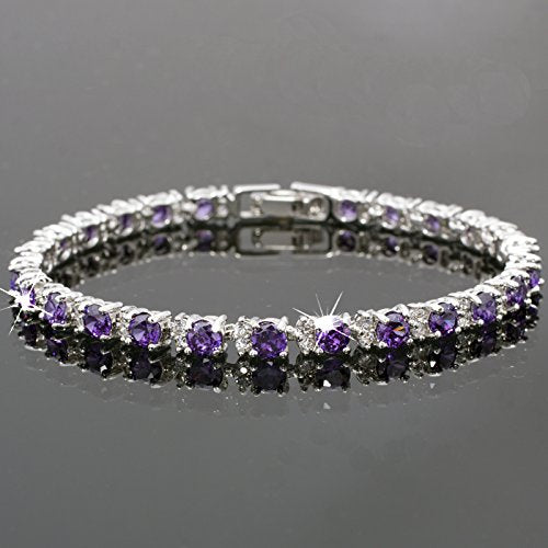 RIZILIA Round Multi-Color CZ Birthstone White Gold Plated Tennis Bracelet, 7"