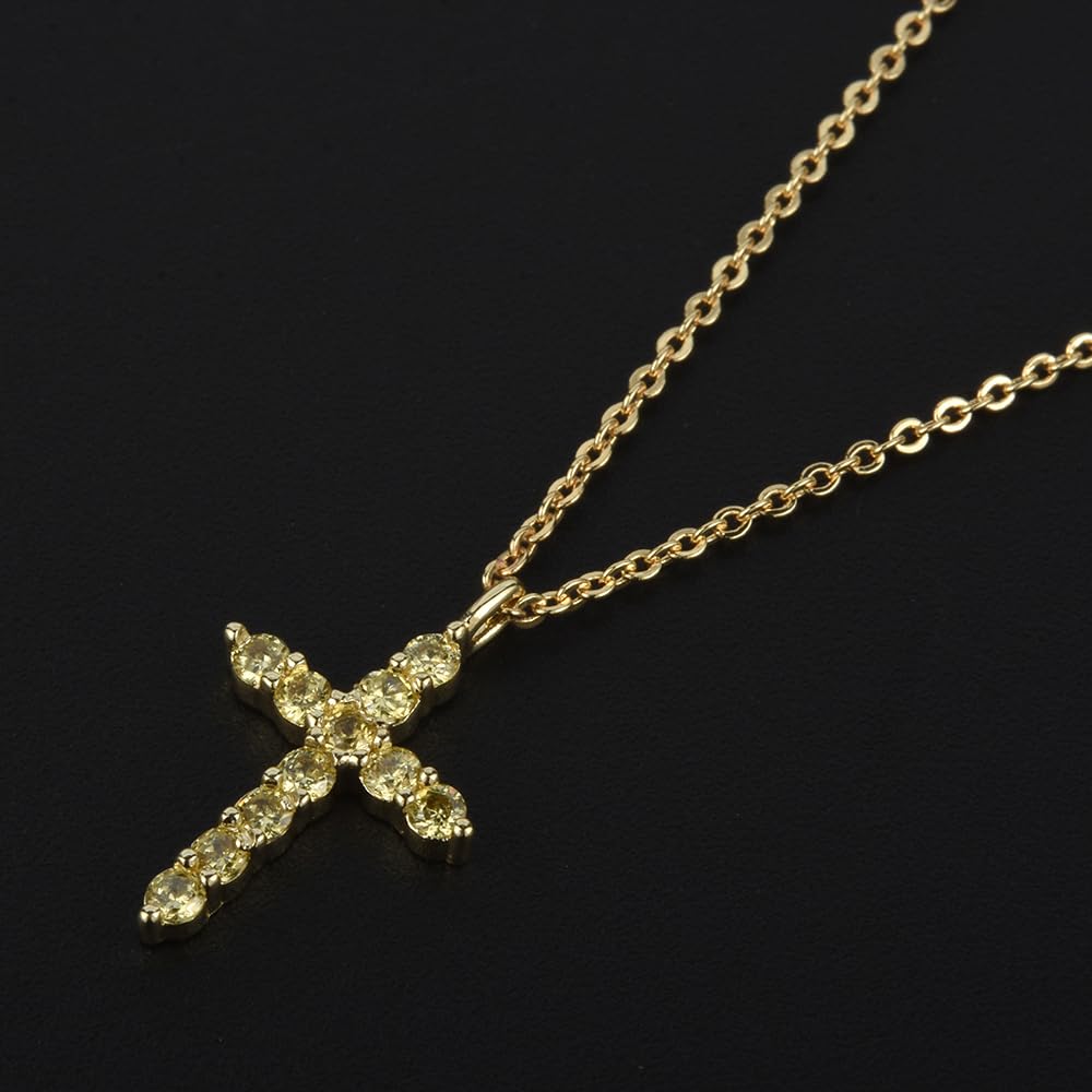 RIZILIA Not-Your-Basic Minimalist Cross Necklace for Petite Women - 14K Gold Plated Dainty Faith Birthstone Pendant - Round Cut CZ in Multi Colors, 18" Chain 0.625" Charm, Gift Boxed