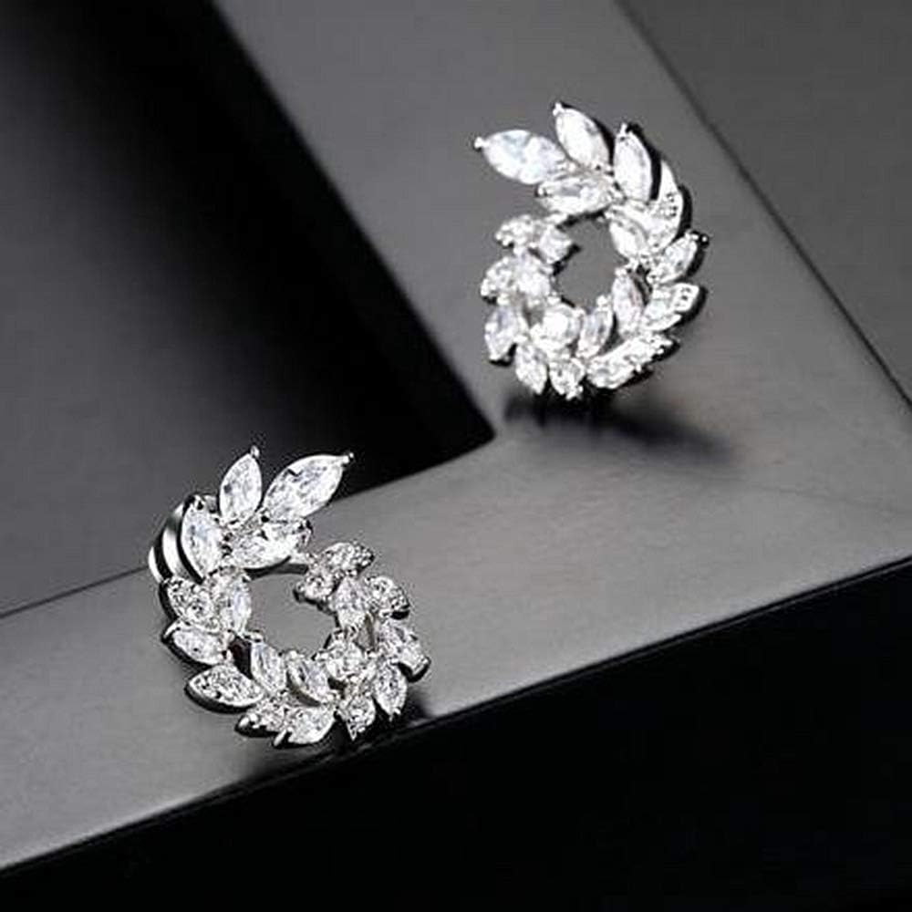 [RIZILIA BLOSSOM] Stud Pierced Earrings with Marquise Cut CZ [White Cubic Zirconia] in White Gold Plated, Simple Modern Elegant