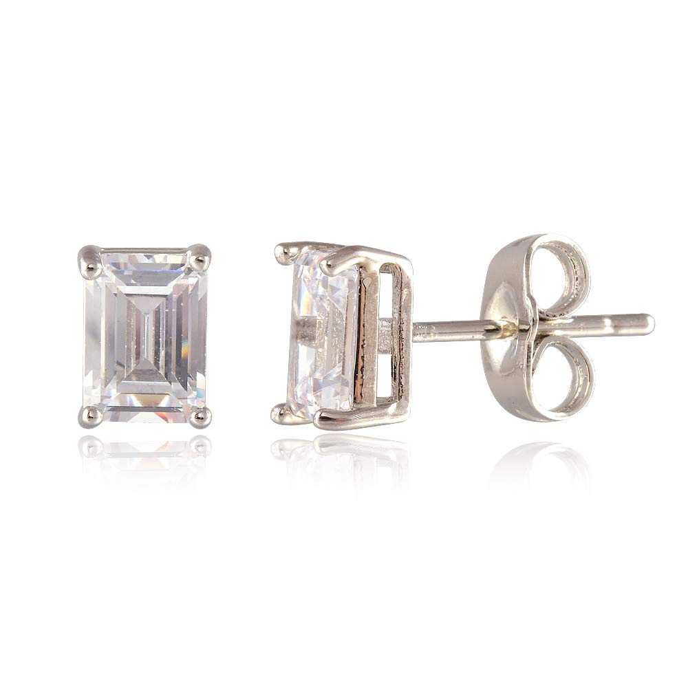[RIZILIA CLASSIC] Stud Pierced Earrings with Emerald Cut Gemstones CZ [Multi-Colors available] in 18K White Gold Plated, Simple Modern Elegant