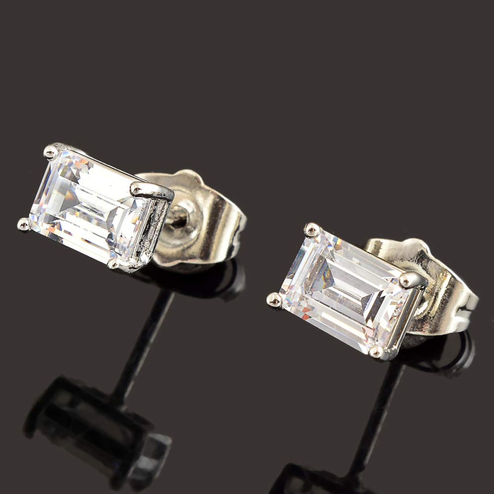 [RIZILIA CLASSIC] Stud Pierced Earrings with Emerald Cut Gemstones CZ [Multi-Colors available] in 18K White Gold Plated, Simple Modern Elegant