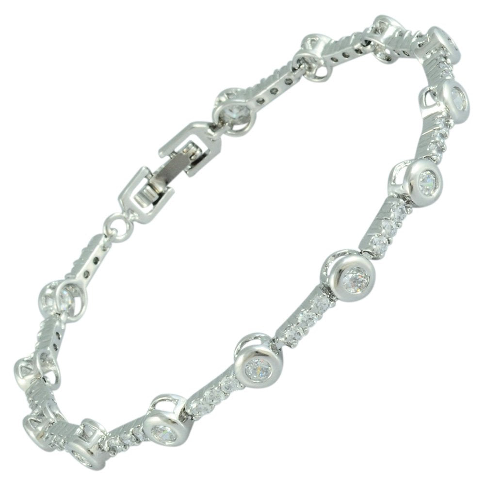 RIZILIA Tennis Bracelet with Round Cut CZ [4 Colors available] in White Gold Plated, 7"