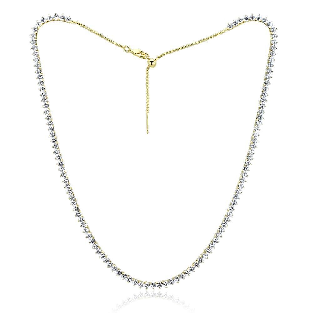 RIZILIA Not-Your-Basic 3mm No-Flip Tennis Necklace for Women - Round Brilliant Cut Gemstone CZ in Black Pink White, 14K Gold Plated, Adjustable 14-18 Inch (Choker, Collar, Princess), Gift Boxed