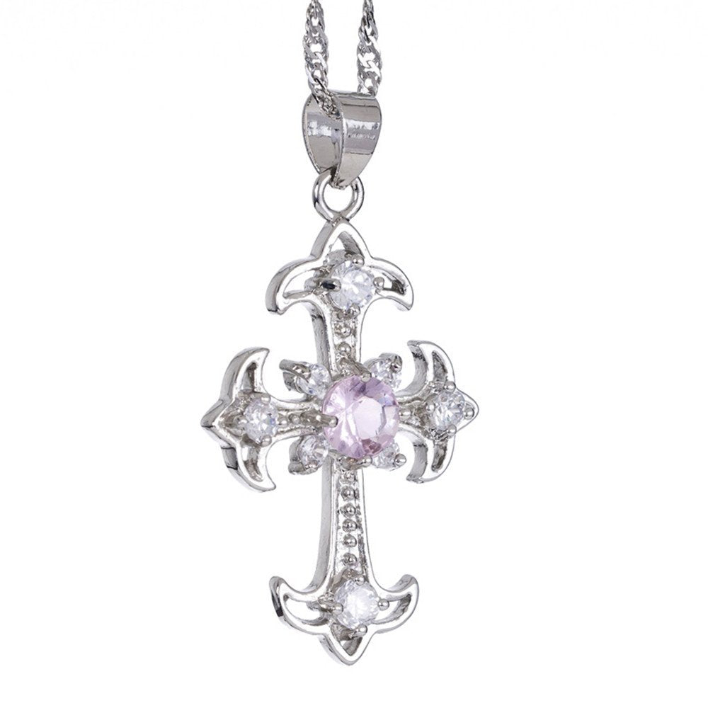 RIZILIA Cross Pendant with 18" Chain & Round Cut CZ [5 Colors available] in White Gold Plated, Simple Modern Elegant