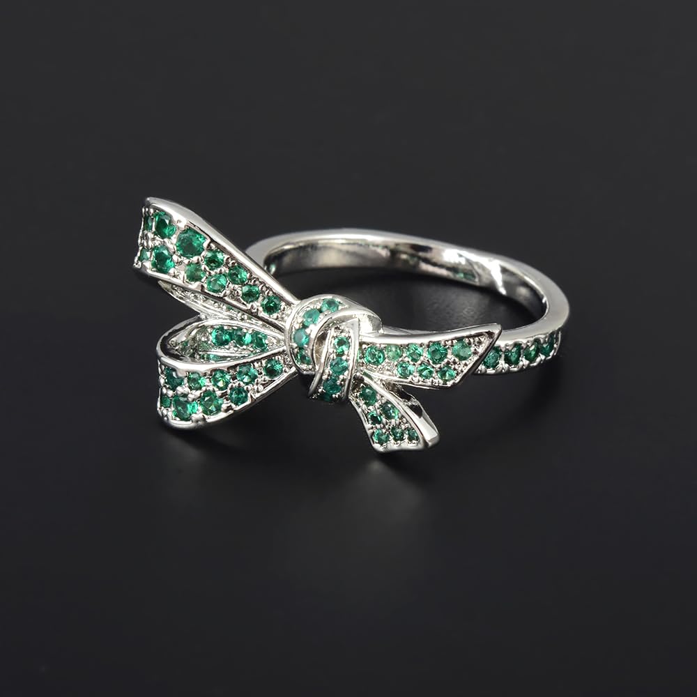 RIZILIA Classic Bow Design Cubic Zirconia Ring in 18K White Gold Plated, Multiple Colors Available, Elegant Jewelry Gift for Women