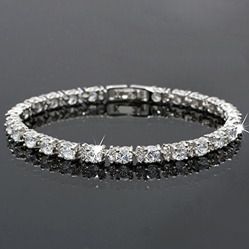 RIZILIA Round Multi-Color CZ Birthstone White Gold Plated Tennis Bracelet, 7"