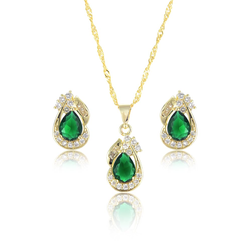 RIZILIA Jewelry Set for Women - Pear Cut Multiple Birthstone Colors Available - Yellow Gold Plated Pendant Necklace with 18 Inch Chain + 2 inch Extension and Stud Earrings
