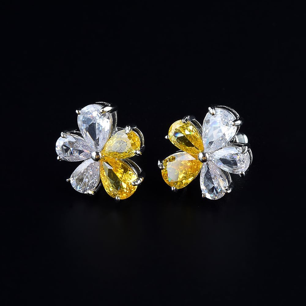 RIZILIA BLOSSOM 18K White Gold Plated Flower Earrings for Women, Pear Cut CZ [Simulated Yellow Citrine] Floral Stud Earrings, Trendy Jewelry Gift for Women Mom