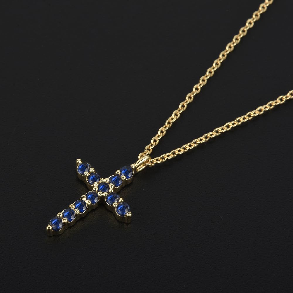 RIZILIA Not-Your-Basic Minimalist Cross Necklace for Petite Women - 14K Gold Plated Dainty Faith Birthstone Pendant - Round Cut CZ in Multi Colors, 18" Chain 0.625" Charm, Gift Boxed