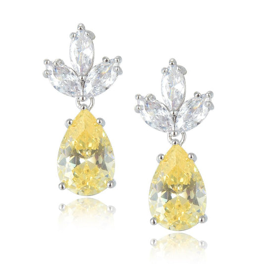 RIZILIA BLOSSOM 18K White Gold Plated Flower Earrings for Women, Pear Cut CZ [Multi Colors Available] Floral Dangle Earrings, Trendy Jewelry Gift for Women