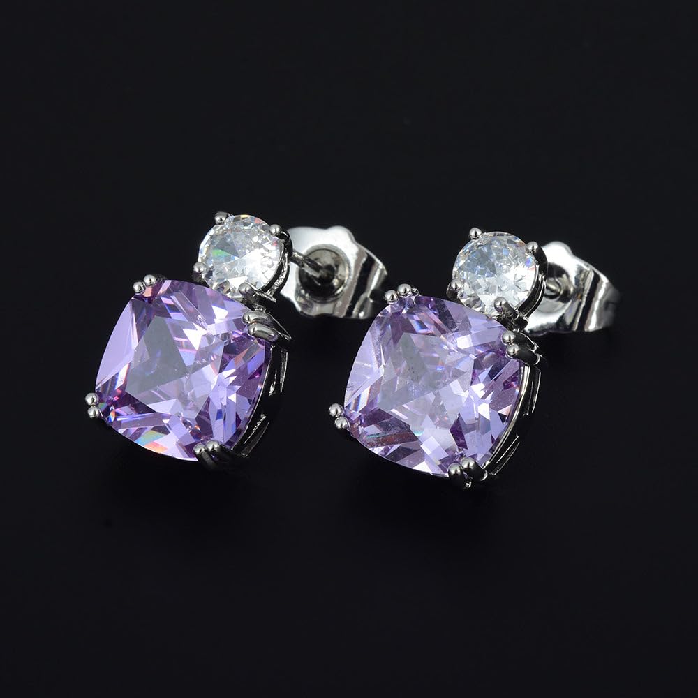 [RIZILIA CLASSIC] Stud Pierced Earrings with Cushion Cut Gemstones CZ [Multi-Colors available] in 18K White Gold Plated, Simple Modern Elegant