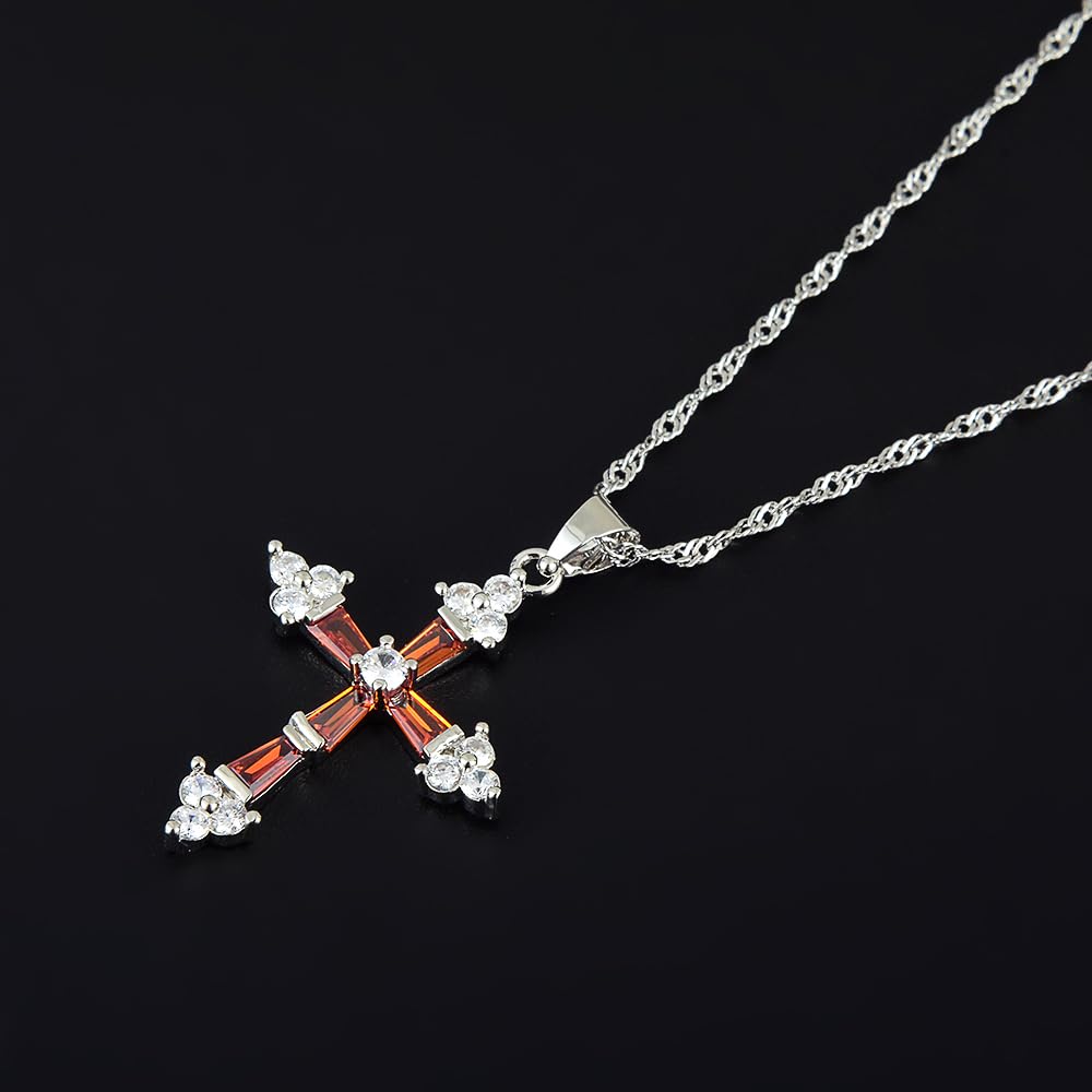 RIZILIA Cross Pendant with 18" Chain & Trapezoid Round Cut CZ [Multi-color] in White Gold Plated, Simple Modern Elegant