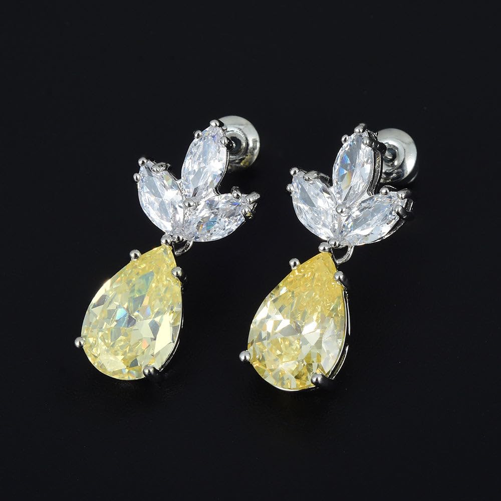 RIZILIA BLOSSOM 18K White Gold Plated Flower Earrings for Women, Pear Cut CZ [Multi Colors Available] Floral Dangle Earrings, Trendy Jewelry Gift for Women