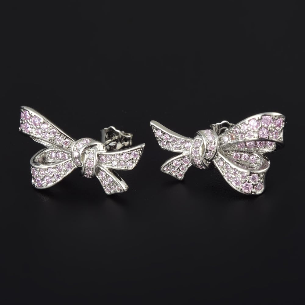 RIZILIA Bow Design Cubic Zirconia Stud Earrings in 18K White Gold Plated, Muliple colors available Hypoallergenic Lightweight Pierced Earrings, Elegant Gift for Women