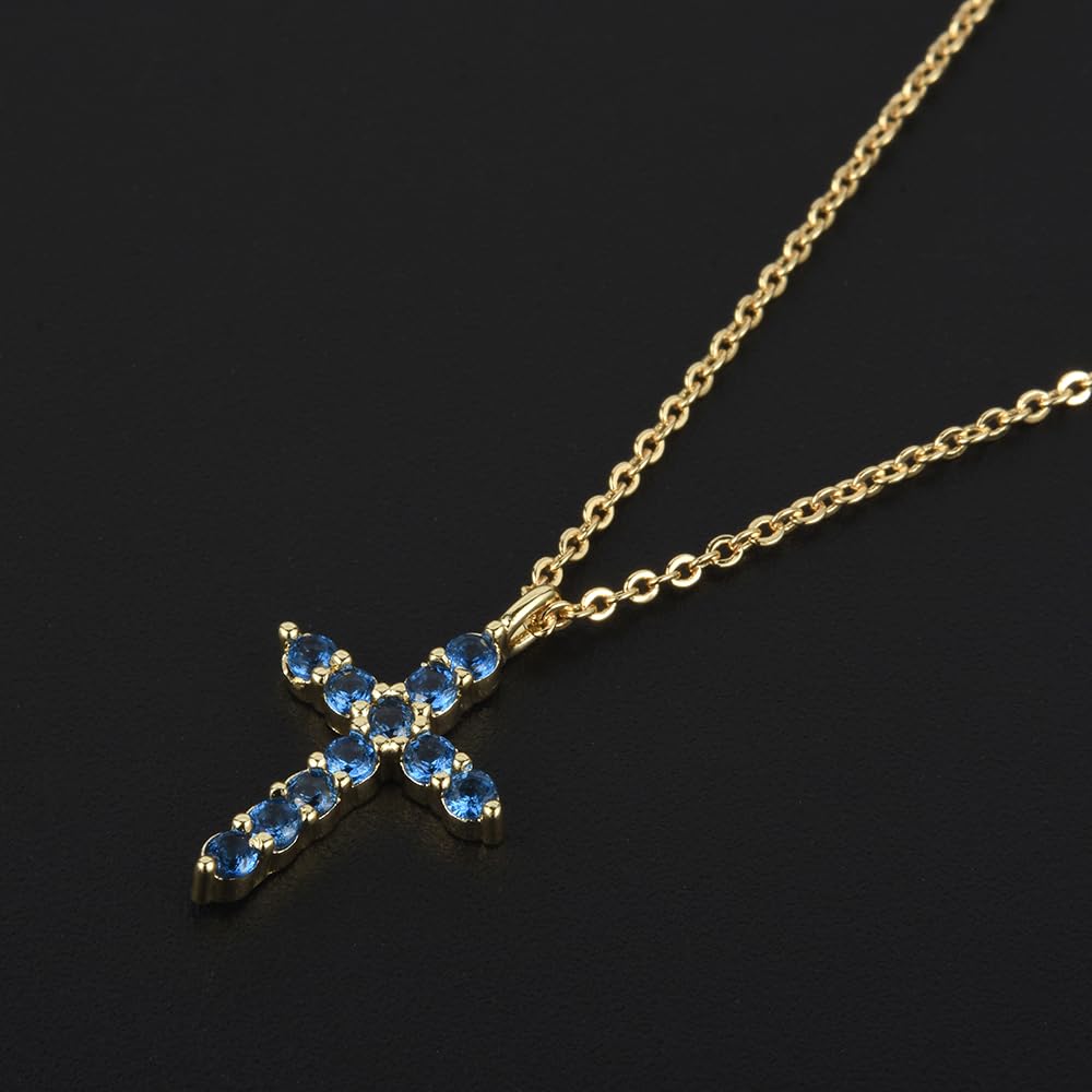 RIZILIA Not-Your-Basic Minimalist Cross Necklace for Petite Women - 14K Gold Plated Dainty Faith Birthstone Pendant - Round Cut CZ in Multi Colors, 18" Chain 0.625" Charm, Gift Boxed
